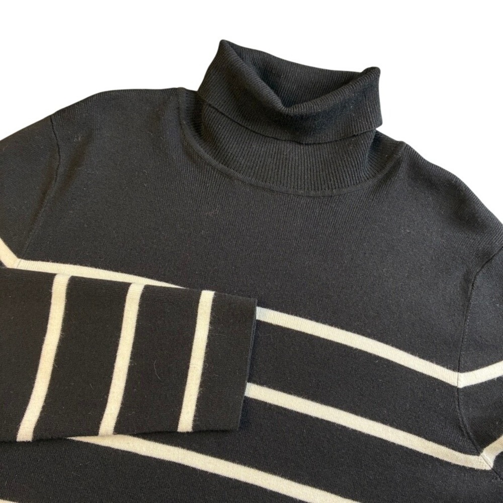Chicos Black White Striped Turtleneck Sweater Size 3 Rayon Blend Long Sleeve Top